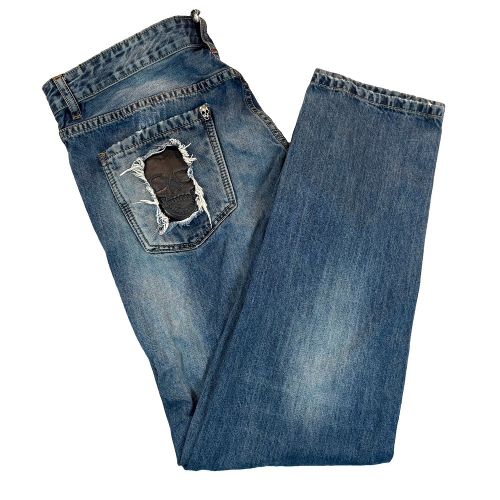 Philipp Plein Jeans Illegal Fight Club Straight Cut Men's Size 38/33 Metal Skull